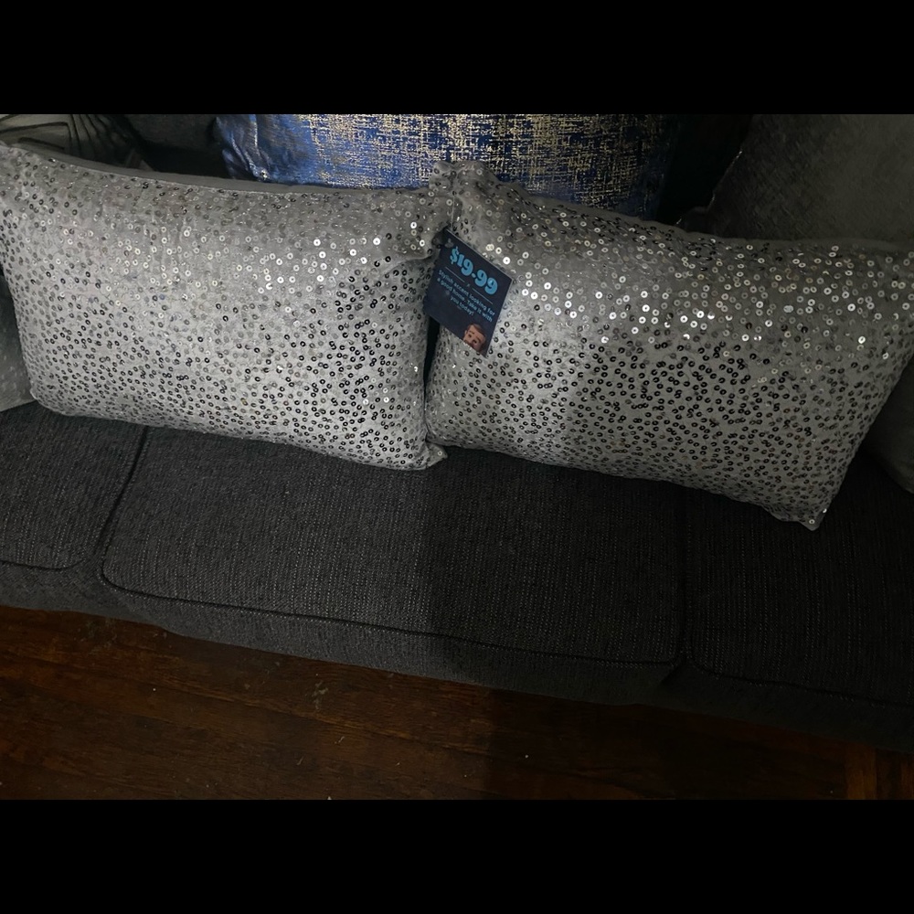 2 grey accent decorative pillows
